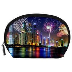 Dubai City At Night Christmas Holidays Fireworks In The Sky Skyscrapers United Arab Emirates Accessory Pouches (large)  by Sapixe