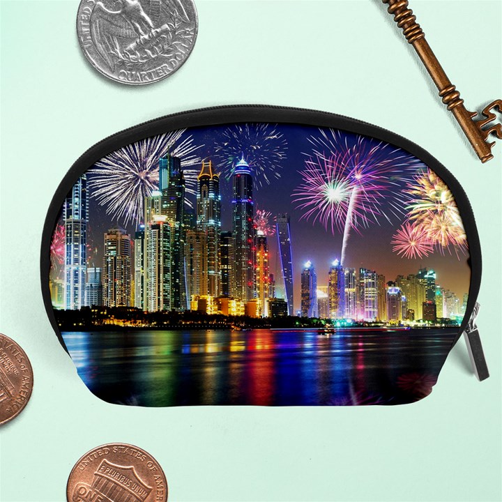 Dubai City At Night Christmas Holidays Fireworks In The Sky Skyscrapers United Arab Emirates Accessory Pouches (Large) 