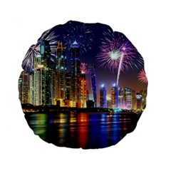 Dubai City At Night Christmas Holidays Fireworks In The Sky Skyscrapers United Arab Emirates Standard 15  Premium Flano Round Cushions by Sapixe