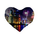 Dubai City At Night Christmas Holidays Fireworks In The Sky Skyscrapers United Arab Emirates Standard 16  Premium Flano Heart Shape Cushions Front