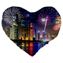 Dubai City At Night Christmas Holidays Fireworks In The Sky Skyscrapers United Arab Emirates Large 19  Premium Flano Heart Shape Cushions by Sapixe