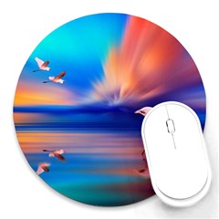 Flamingo Lake Birds In Flight Sunset Orange Sky Red Clouds Reflection In Lake Water Art Round Mousepads by Sapixe