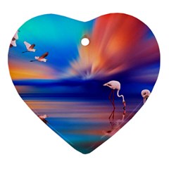 Flamingo Lake Birds In Flight Sunset Orange Sky Red Clouds Reflection In Lake Water Art Ornament (heart) by Sapixe