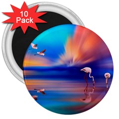 Flamingo Lake Birds In Flight Sunset Orange Sky Red Clouds Reflection In Lake Water Art 3  Magnets (10 Pack)  by Sapixe