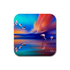 Flamingo Lake Birds In Flight Sunset Orange Sky Red Clouds Reflection In Lake Water Art Rubber Coaster (square)  by Sapixe