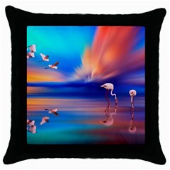 Flamingo Lake Birds In Flight Sunset Orange Sky Red Clouds Reflection In Lake Water Art Throw Pillow Case (black) by Sapixe