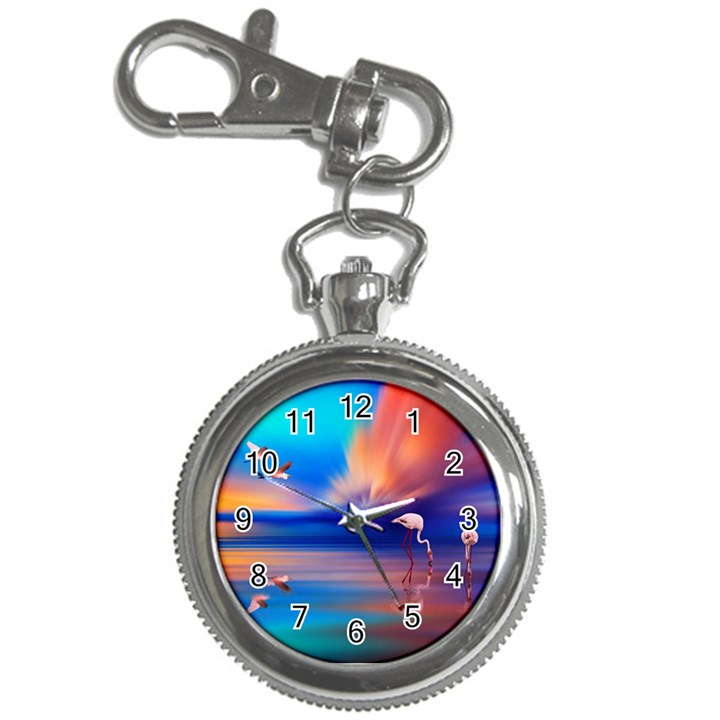 Flamingo Lake Birds In Flight Sunset Orange Sky Red Clouds Reflection In Lake Water Art Key Chain Watches