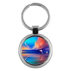 Flamingo Lake Birds In Flight Sunset Orange Sky Red Clouds Reflection In Lake Water Art Key Chains (round)  by Sapixe