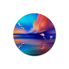 Flamingo Lake Birds In Flight Sunset Orange Sky Red Clouds Reflection In Lake Water Art Rubber Coaster (round)  by Sapixe