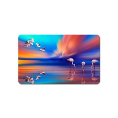 Flamingo Lake Birds In Flight Sunset Orange Sky Red Clouds Reflection In Lake Water Art Magnet (name Card) by Sapixe