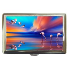 Flamingo Lake Birds In Flight Sunset Orange Sky Red Clouds Reflection In Lake Water Art Cigarette Money Cases by Sapixe