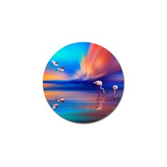 Flamingo Lake Birds In Flight Sunset Orange Sky Red Clouds Reflection In Lake Water Art Golf Ball Marker by Sapixe