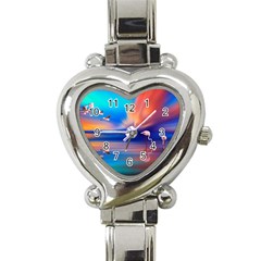 Flamingo Lake Birds In Flight Sunset Orange Sky Red Clouds Reflection In Lake Water Art Heart Italian Charm Watch by Sapixe