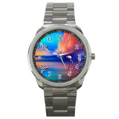 Flamingo Lake Birds In Flight Sunset Orange Sky Red Clouds Reflection In Lake Water Art Sport Metal Watch by Sapixe