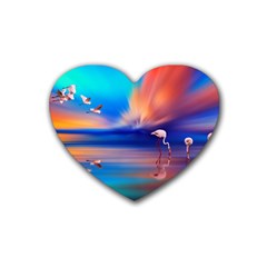 Flamingo Lake Birds In Flight Sunset Orange Sky Red Clouds Reflection In Lake Water Art Rubber Coaster (heart)  by Sapixe