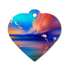 Flamingo Lake Birds In Flight Sunset Orange Sky Red Clouds Reflection In Lake Water Art Dog Tag Heart (two Sides) by Sapixe