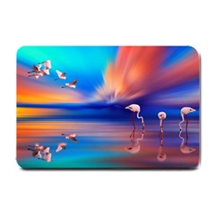 Flamingo Lake Birds In Flight Sunset Orange Sky Red Clouds Reflection In Lake Water Art Small Doormat  by Sapixe