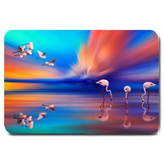 Flamingo Lake Birds In Flight Sunset Orange Sky Red Clouds Reflection In Lake Water Art Large Doormat  by Sapixe