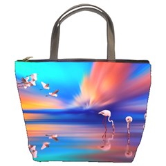 Flamingo Lake Birds In Flight Sunset Orange Sky Red Clouds Reflection In Lake Water Art Bucket Bags by Sapixe