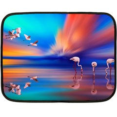 Flamingo Lake Birds In Flight Sunset Orange Sky Red Clouds Reflection In Lake Water Art Fleece Blanket (mini) by Sapixe