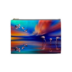 Flamingo Lake Birds In Flight Sunset Orange Sky Red Clouds Reflection In Lake Water Art Cosmetic Bag (medium)  by Sapixe