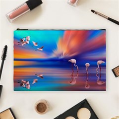 Flamingo Lake Birds In Flight Sunset Orange Sky Red Clouds Reflection In Lake Water Art Cosmetic Bag (large)  by Sapixe