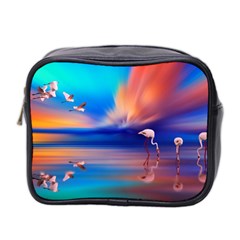 Flamingo Lake Birds In Flight Sunset Orange Sky Red Clouds Reflection In Lake Water Art Mini Toiletries Bag 2-side by Sapixe