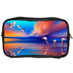 Flamingo Lake Birds In Flight Sunset Orange Sky Red Clouds Reflection In Lake Water Art Toiletries Bags 2-side by Sapixe