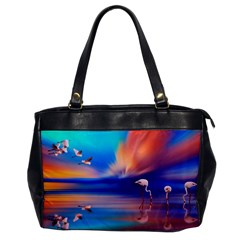 Flamingo Lake Birds In Flight Sunset Orange Sky Red Clouds Reflection In Lake Water Art Office Handbags by Sapixe