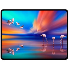 Flamingo Lake Birds In Flight Sunset Orange Sky Red Clouds Reflection In Lake Water Art Fleece Blanket (large)  by Sapixe