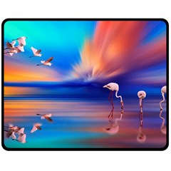 Flamingo Lake Birds In Flight Sunset Orange Sky Red Clouds Reflection In Lake Water Art Fleece Blanket (medium)  by Sapixe