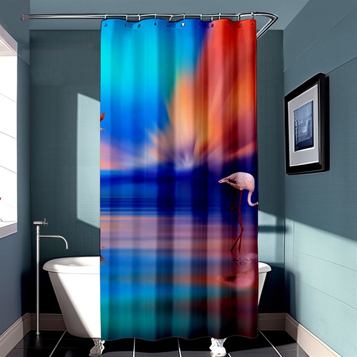 Flamingo Lake Birds In Flight Sunset Orange Sky Red Clouds Reflection In Lake Water Art Shower Curtain 36  x 72  (Stall) 