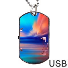 Flamingo Lake Birds In Flight Sunset Orange Sky Red Clouds Reflection In Lake Water Art Dog Tag Usb Flash (two Sides) by Sapixe