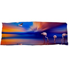 Flamingo Lake Birds In Flight Sunset Orange Sky Red Clouds Reflection In Lake Water Art Body Pillow Case Dakimakura (two Sides) by Sapixe