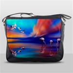 Flamingo Lake Birds In Flight Sunset Orange Sky Red Clouds Reflection In Lake Water Art Messenger Bags Front