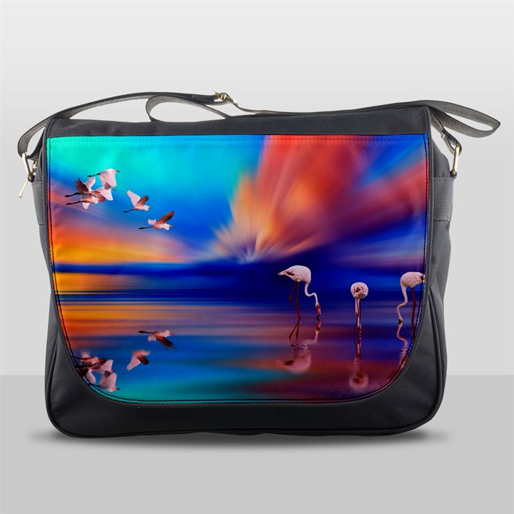 Flamingo Lake Birds In Flight Sunset Orange Sky Red Clouds Reflection In Lake Water Art Messenger Bags