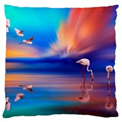 Flamingo Lake Birds In Flight Sunset Orange Sky Red Clouds Reflection In Lake Water Art Large Cushion Case (one Side) by Sapixe