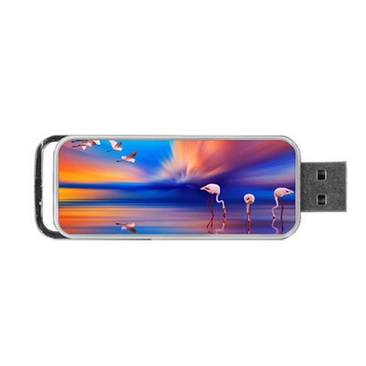 Flamingo Lake Birds In Flight Sunset Orange Sky Red Clouds Reflection In Lake Water Art Portable USB Flash (One Side)