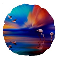 Flamingo Lake Birds In Flight Sunset Orange Sky Red Clouds Reflection In Lake Water Art Large 18  Premium Round Cushions by Sapixe