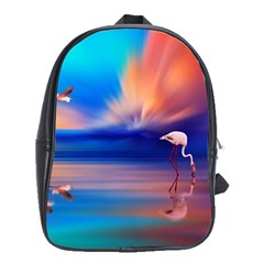 Flamingo Lake Birds In Flight Sunset Orange Sky Red Clouds Reflection In Lake Water Art School Bag (xl) by Sapixe