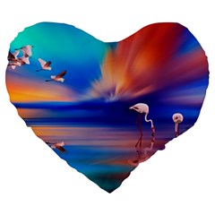 Flamingo Lake Birds In Flight Sunset Orange Sky Red Clouds Reflection In Lake Water Art Large 19  Premium Heart Shape Cushions by Sapixe