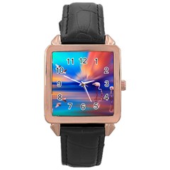 Flamingo Lake Birds In Flight Sunset Orange Sky Red Clouds Reflection In Lake Water Art Rose Gold Leather Watch  by Sapixe