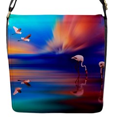 Flamingo Lake Birds In Flight Sunset Orange Sky Red Clouds Reflection In Lake Water Art Flap Messenger Bag (s) by Sapixe