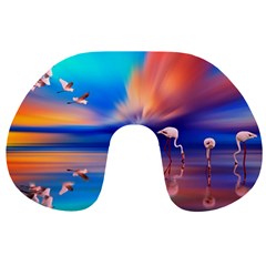 Flamingo Lake Birds In Flight Sunset Orange Sky Red Clouds Reflection In Lake Water Art Travel Neck Pillows by Sapixe