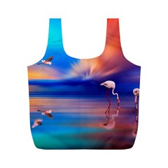 Flamingo Lake Birds In Flight Sunset Orange Sky Red Clouds Reflection In Lake Water Art Full Print Recycle Bags (m)  by Sapixe