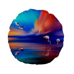 Flamingo Lake Birds In Flight Sunset Orange Sky Red Clouds Reflection In Lake Water Art Standard 15  Premium Flano Round Cushions by Sapixe