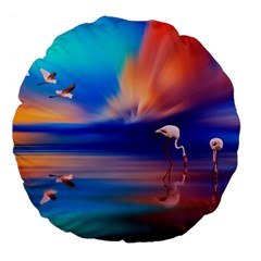 Flamingo Lake Birds In Flight Sunset Orange Sky Red Clouds Reflection In Lake Water Art Large 18  Premium Flano Round Cushions by Sapixe