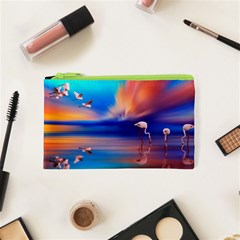 Flamingo Lake Birds In Flight Sunset Orange Sky Red Clouds Reflection In Lake Water Art Cosmetic Bag (xs) by Sapixe