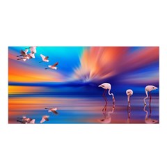 Flamingo Lake Birds In Flight Sunset Orange Sky Red Clouds Reflection In Lake Water Art Satin Shawl by Sapixe