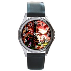 Fantasy Art Story Lodge Girl Rabbits Flowers Round Metal Watch by Sapixe